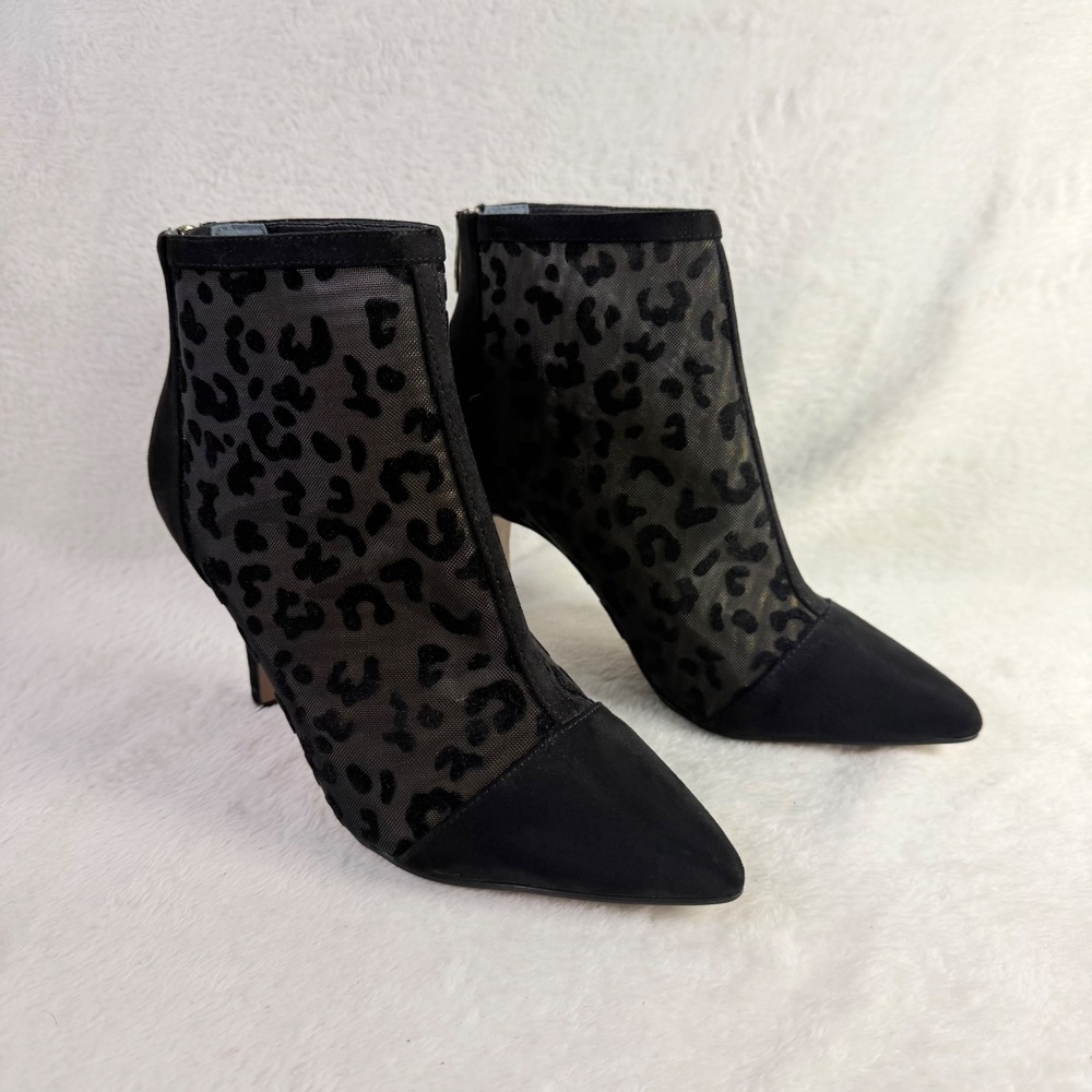 J.Renee Ankle Boots Women 7W Black Leopard Mesh Pointed Toe Stiletto Booties